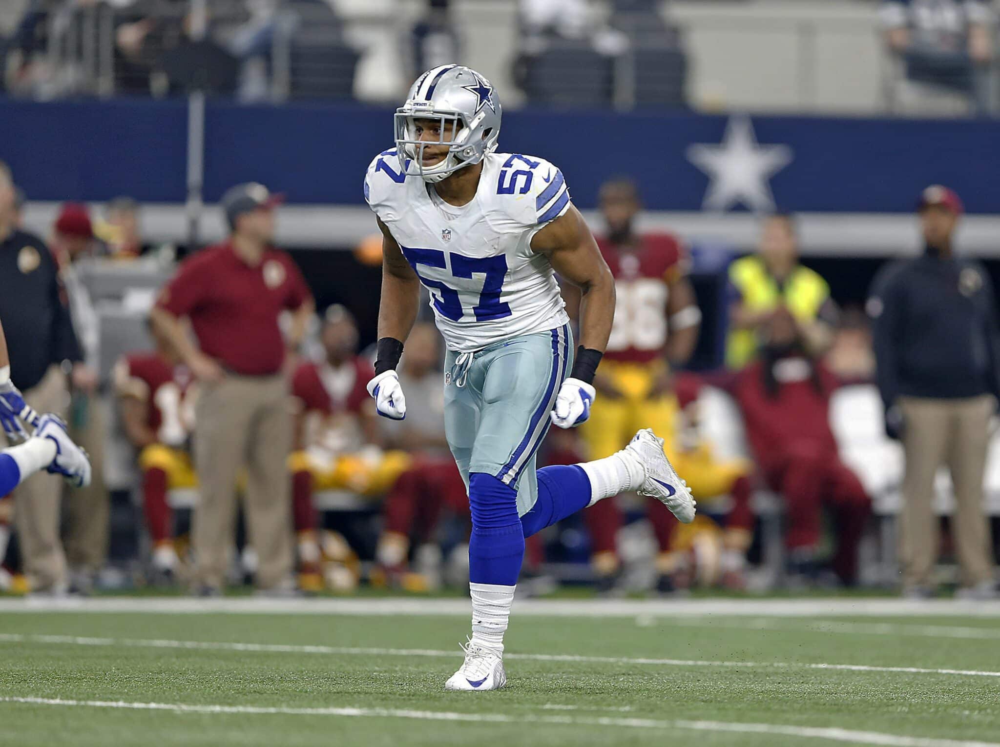 Dallas Cowboys linebacker Damien Wilson (57) runs on kickoff coverage during an NFL game against the Washington Redskins Sunday, January 3, 2016, in Arlington, Texas. The Redskins defeated the Cowboys, 34-23. (James D. Smith via AP)