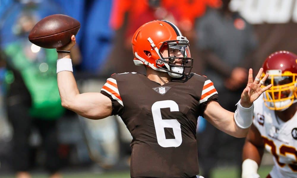 Cleveland Browns quarterback Baker Mayfield throws during the first half of an NFL football game against the Washington Football Team, Sunday, Sept. 27, 2020, in Cleveland. (AP Photo/Ron Schwane)