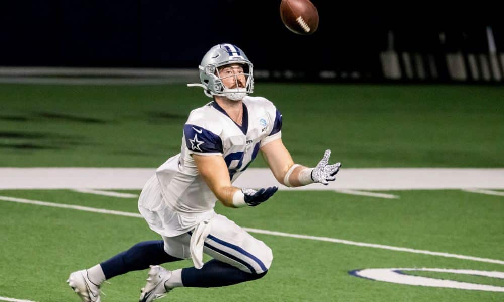 Dallas Cowboys tight end Sean McKeon (84) catches a pass during an NFL football training camp practice at The Star, Friday, Aug. 28, 2020, in Frisco, Texas. (AP Photo/Brandon Wade)