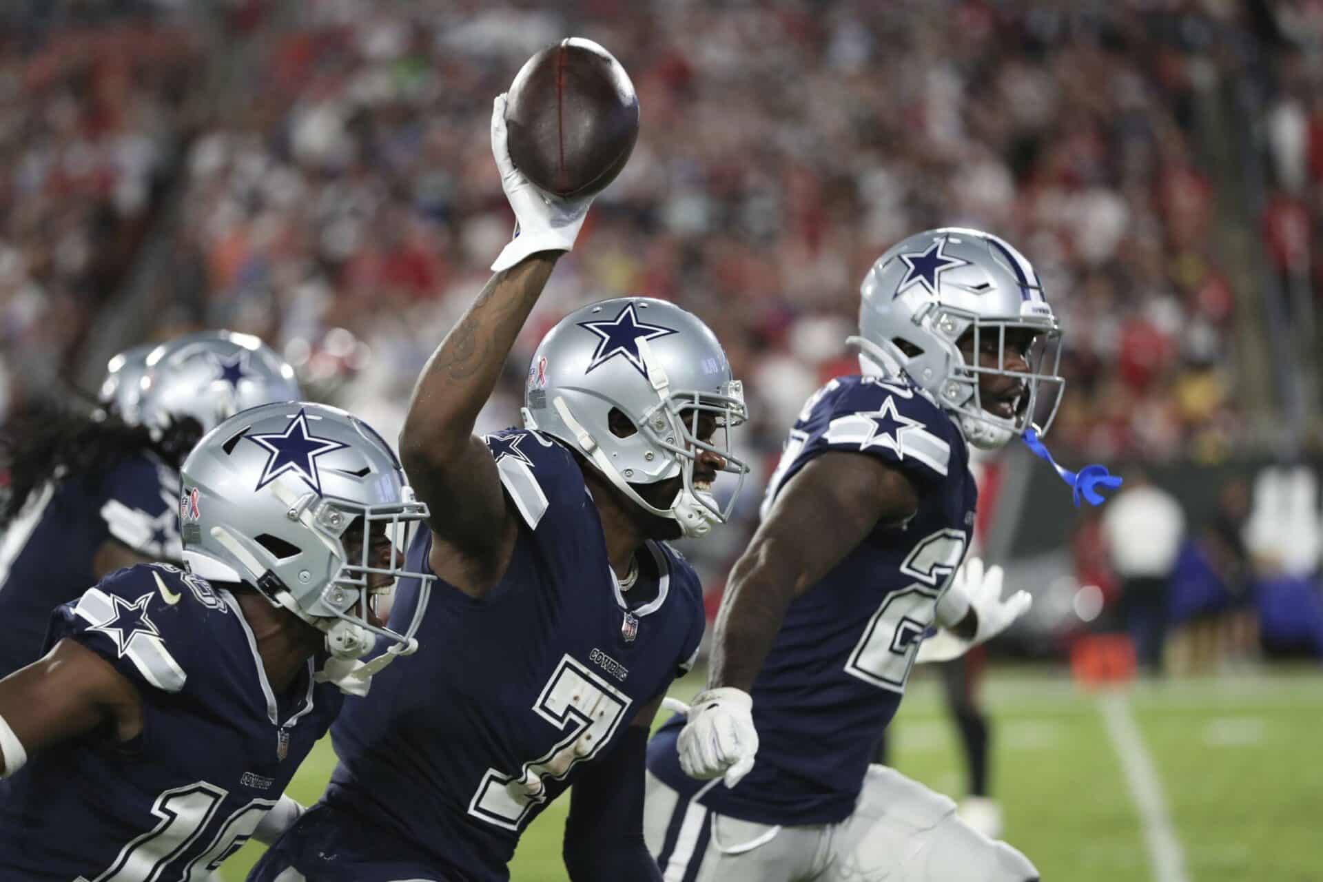 Cowboys cornerback Trevon Diggs (7) celebrates after recovering a fumble. (AP Photo/Mark LoMoglio)