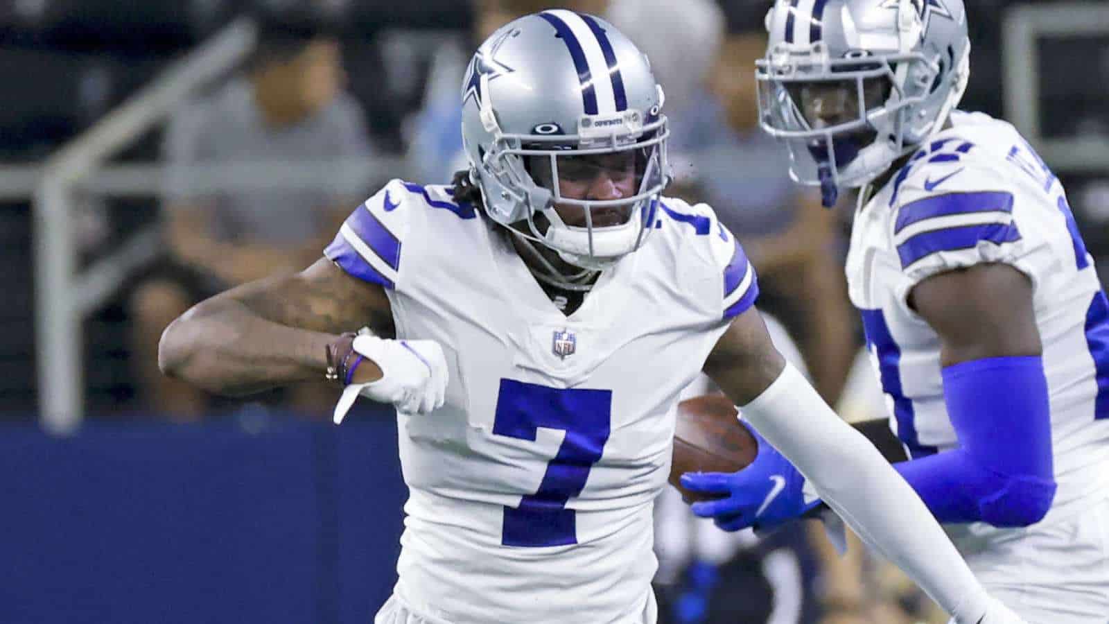 Sep 27, 2021; Arlington, Texas, USA; Dallas Cowboys defensive back Trevon Diggs (7) reacts during the game against the Philadelphia Eagles at AT&amp;T Stadium. Mandatory Credit: Kevin Jairaj-USA TODAY Sports