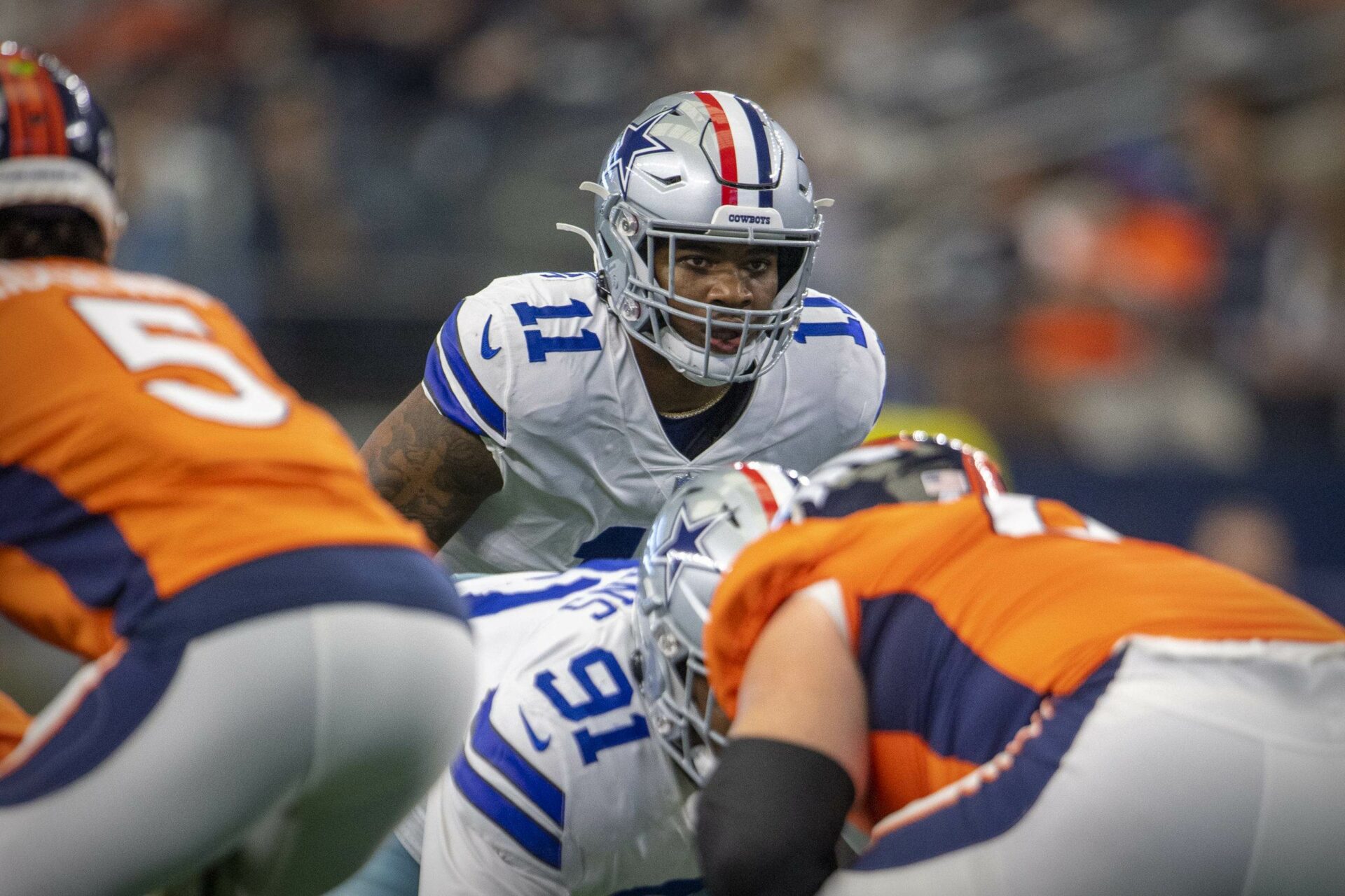 Nov 7, 2021; Arlington, Texas, USA; Dallas Cowboys linebacker Micah Parsons (11) in action during the game between the Dallas Cowboys and the Denver Broncos at AT&amp;T Stadium. Mandatory Credit: Jerome Miron-USA TODAY Sports