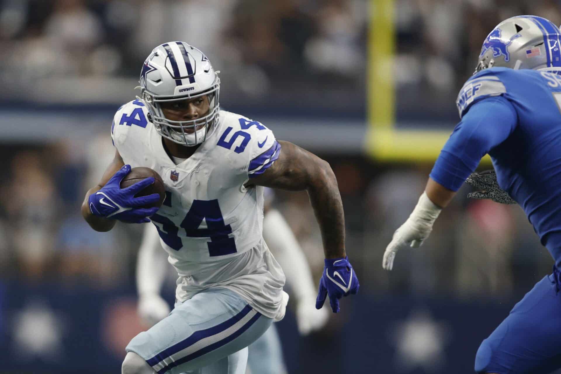 Oct 23, 2022; Arlington, Texas, USA; Dallas Cowboys defensive end Sam Williams (54) runs with the ball after recovering a fumble in the fourth quarter against the Detroit Lions at AT&amp;T Stadium. Mandatory Credit: Tim Heitman-USA TODAY Sports