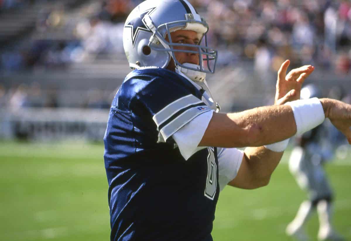 Troy Aikman warms up prior to the Dallas Cowboys playing the Phoenix Cardinals on Nov. 22, 1992 in Tempe. Arizona. Photo by Richard Paolinelli.