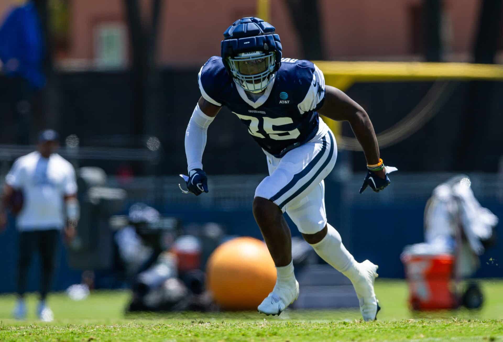 Aug 1, 2023; Oxnard, CA, USA; Dallas Cowboys linebacker DeMarvion Overshown (35) runs during training camp at Marriott Residence Inn-River Ridge playing fields. Mandatory Credit: Jason Parkhurst-USA TODAY Sports