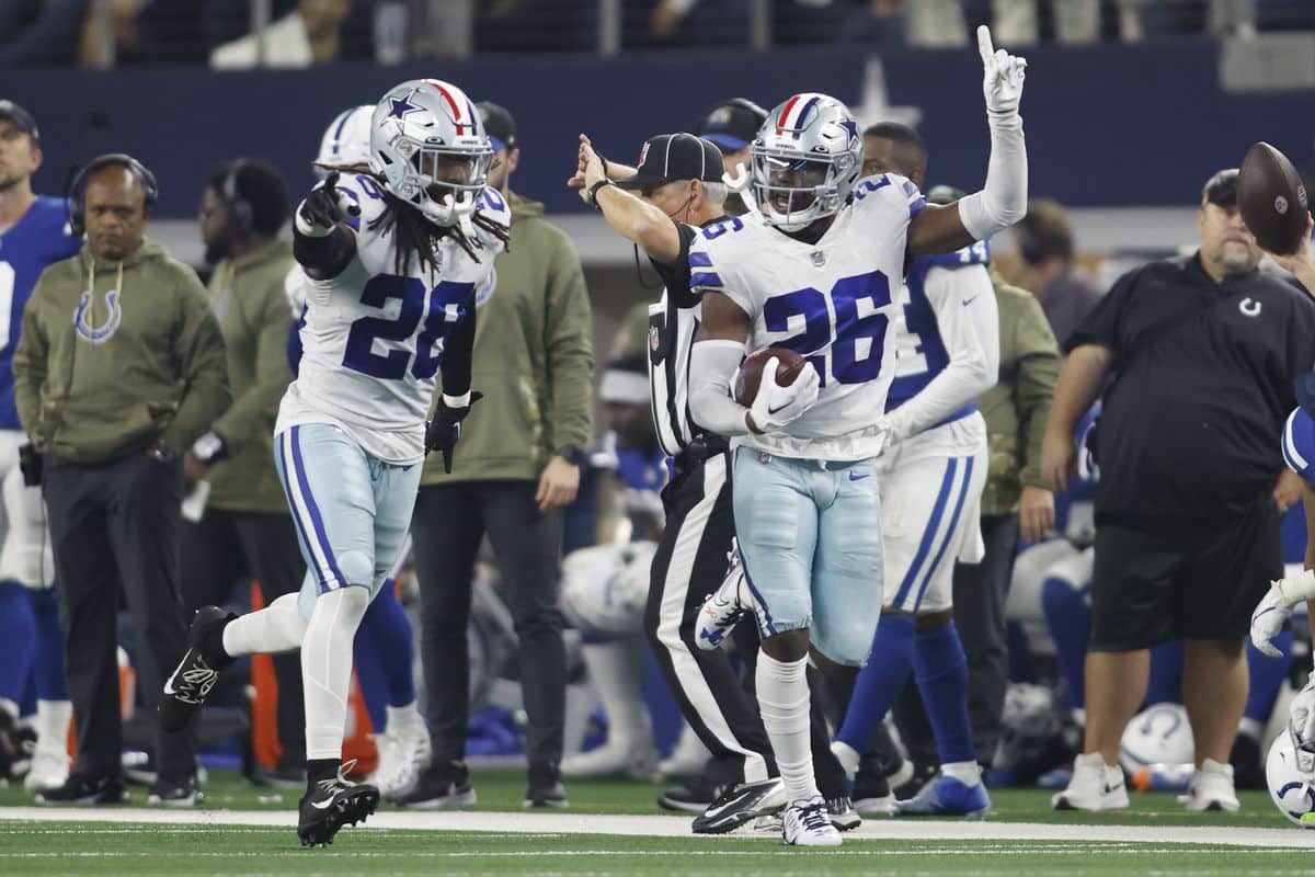 Cowboys CB DaRon Bland celebrates an interception in a game vs the New York Giants on 11/12/2023