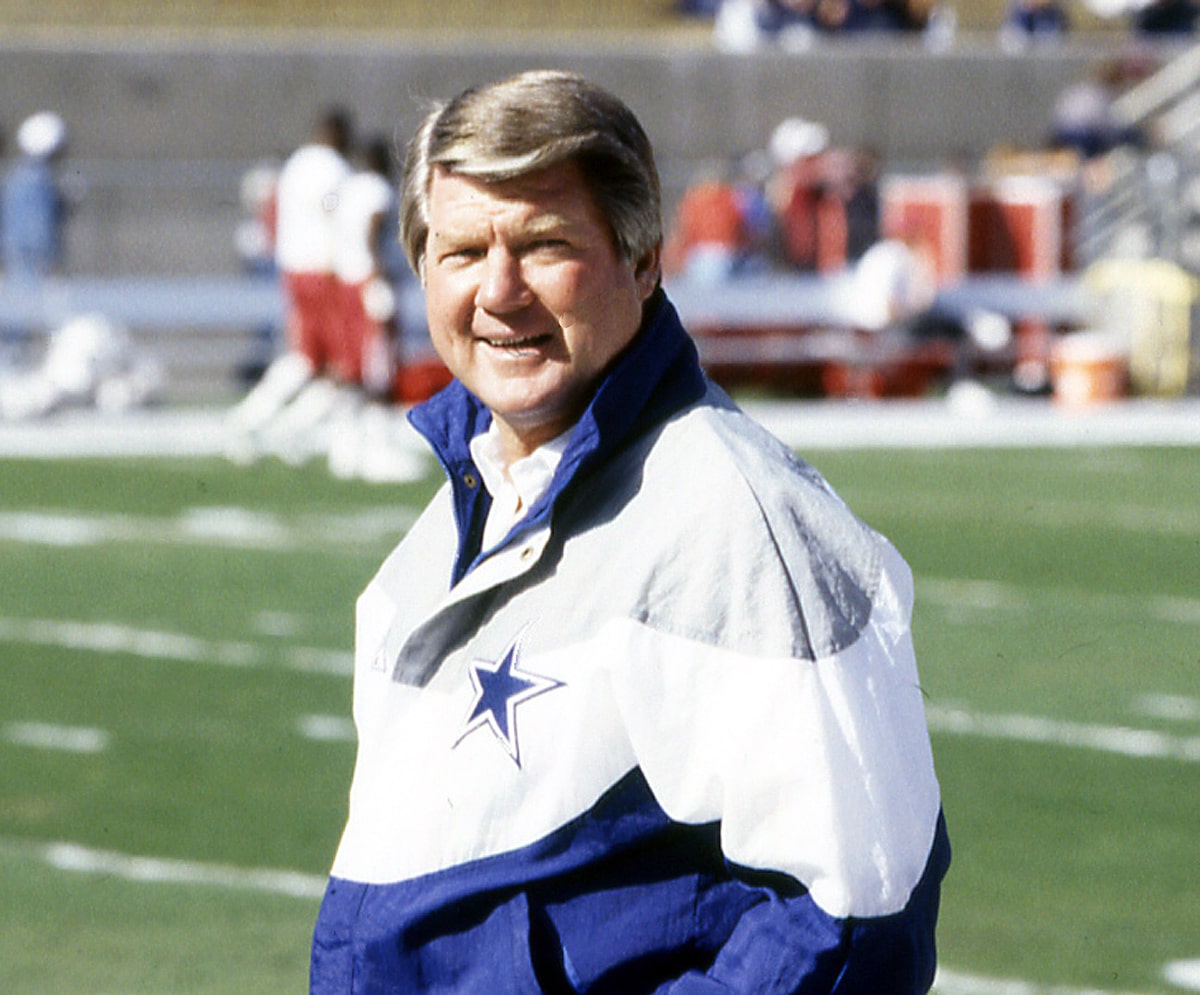 Jimmy Johnson walks the field at Tempe Stadium in Tempe, AZ prior to a Dallas Cowboys game against the Phoenix Cardinals in 1992. (Photo by Richard Paolinelli)