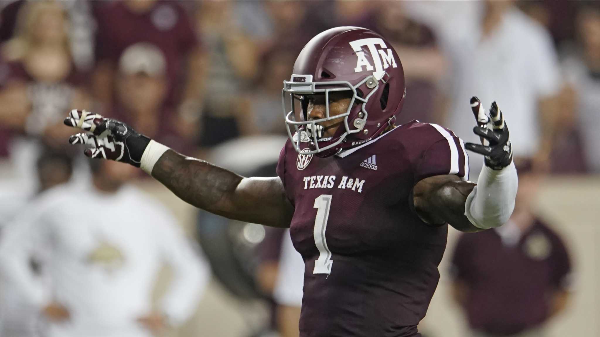 Texas A&amp;M's Buddy Johnson (1) looks against against the Texas State offense during the second half of an NCAA college football game in College Station, Texas, Thursday, Aug. 29, 2019. (AP Photo/Chuck Burton