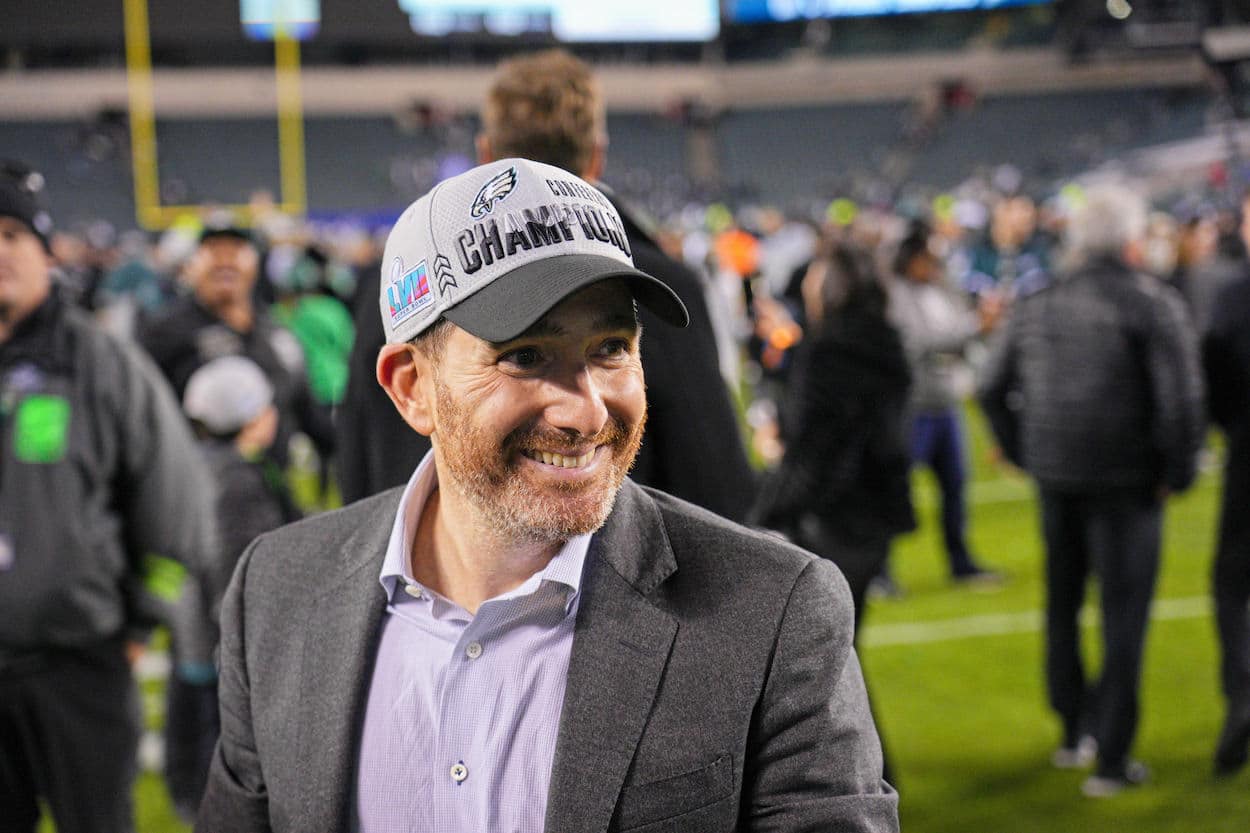 PHILADELPHIA, PA - JANUARY 29: Philadelphia Eagles General Manger Howie Roseman smiles during the Championship game between the San Fransisco 49ers and the Philadelphia Eagles on January 29, 2023. (Photo by Andy Lewis/Icon Sportswire via Getty Images)