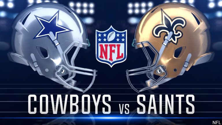 NFL matchup graphic featuring Dallas Cowboys and New Orleans Saints helmets facing each other with the NFL logo in the center.